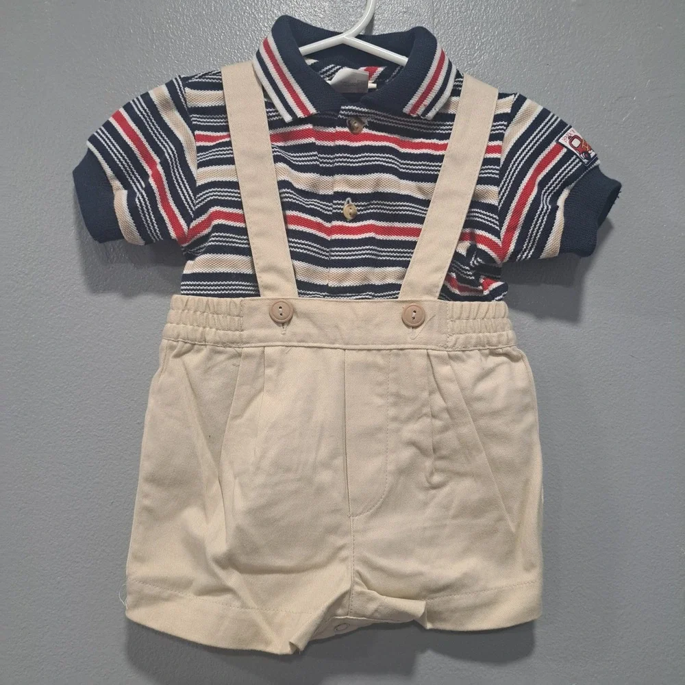 b.t. kids Baby Boy Striped Polo and Suspender Shorts Set 6-9 Months Preppy Retro